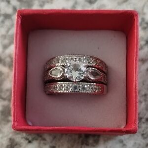 Women's Ring Set - White Sapphire - Size 7 (3 Piece Set) Sterling Silver